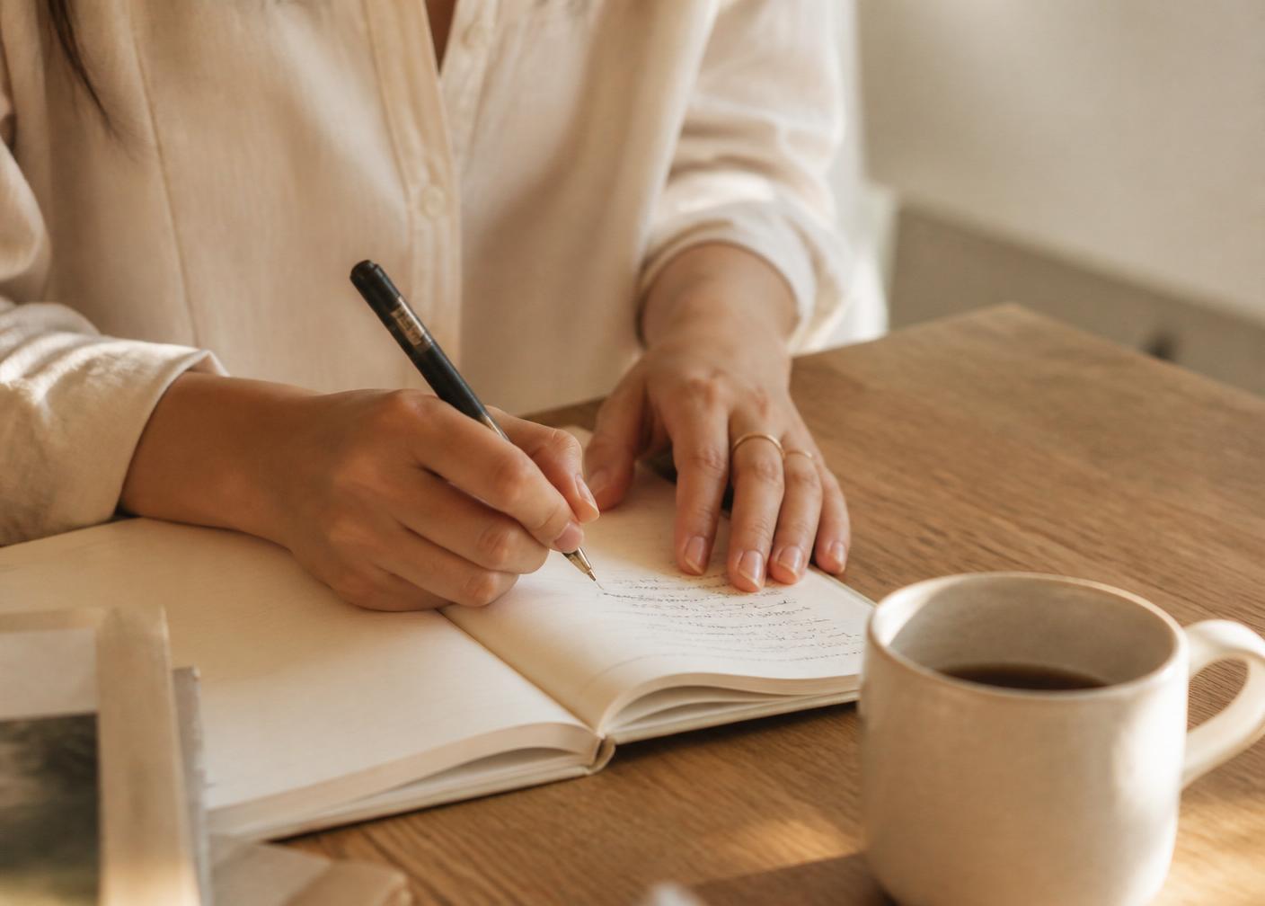 Mãos escrevendo em caderno com café ao lado